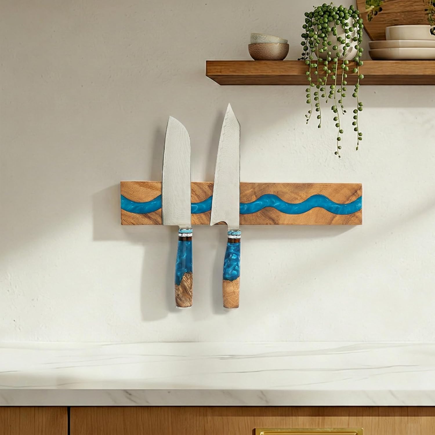 Magnetic Knife Holder, 15.7 Inch Walnut Wood and Resin Magnetic Knife Bar for Wall, Heavy Duty Magnet Holds 8 Knives, Handcrafted Ocean Blue (Ocean's Embrace)