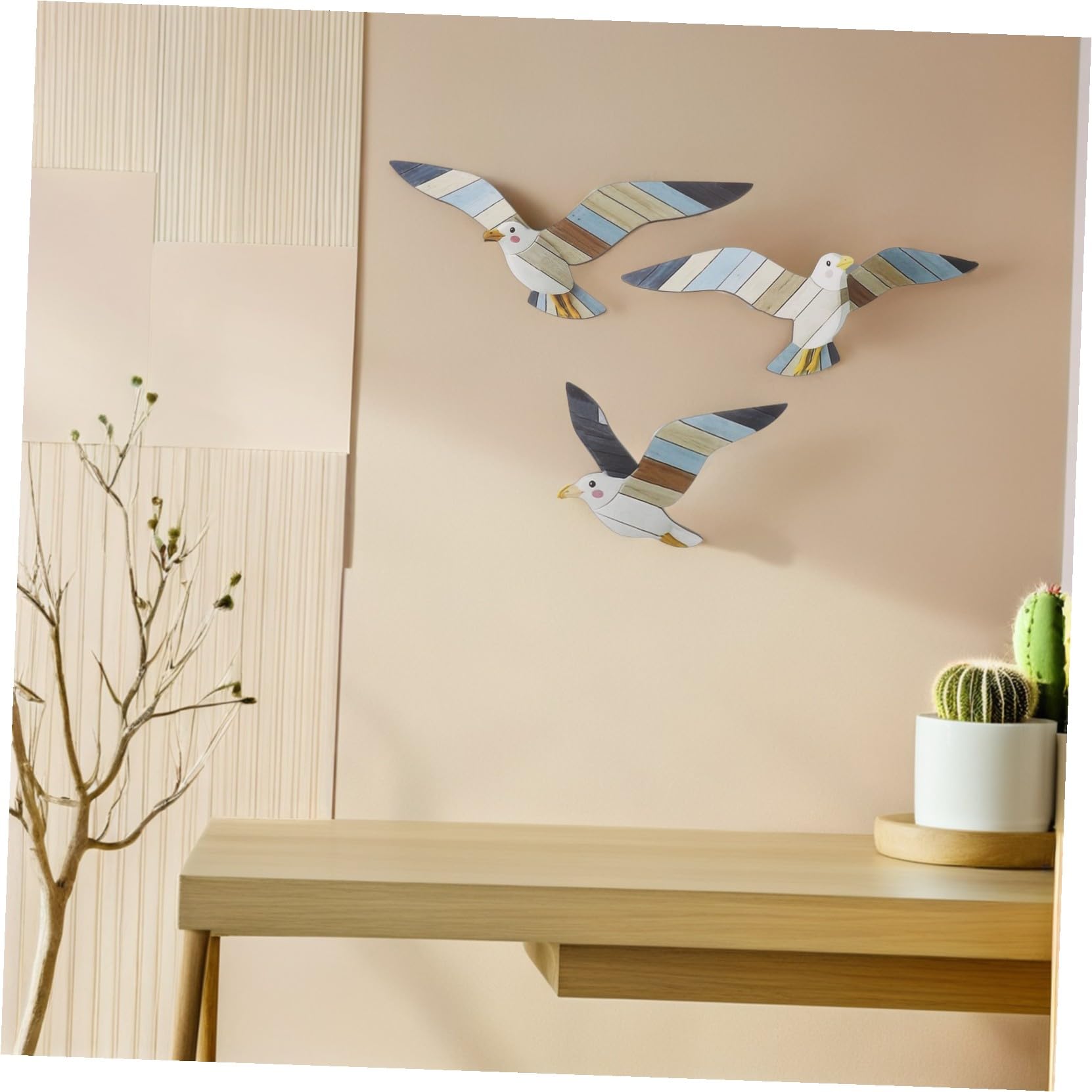 3 pezzi decorazione da parete in legno con gabbiani nautici, decorazione da parete marittima con sculture di gabbiani, struttura in legno naturale, decorazione adatta per soggiorno, bagno e