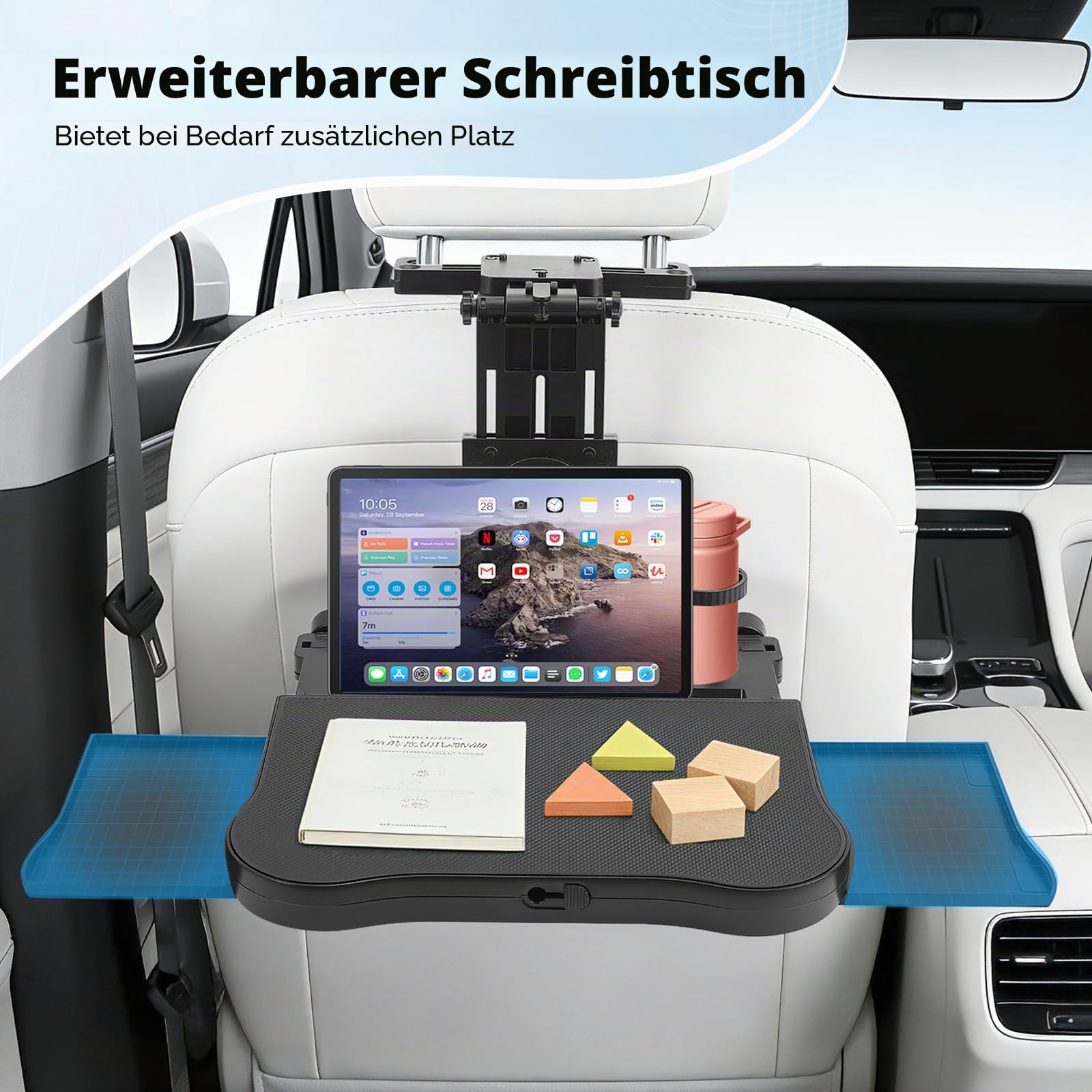Autositz Tablett 20 kg, Auto Tisch für Rücksitz Beifahrer, 360° drehbarer Computertisch mit Rückenlehne, Getränkehalter, multifunktionaler Klapptisch, Klappbar Einstellbar