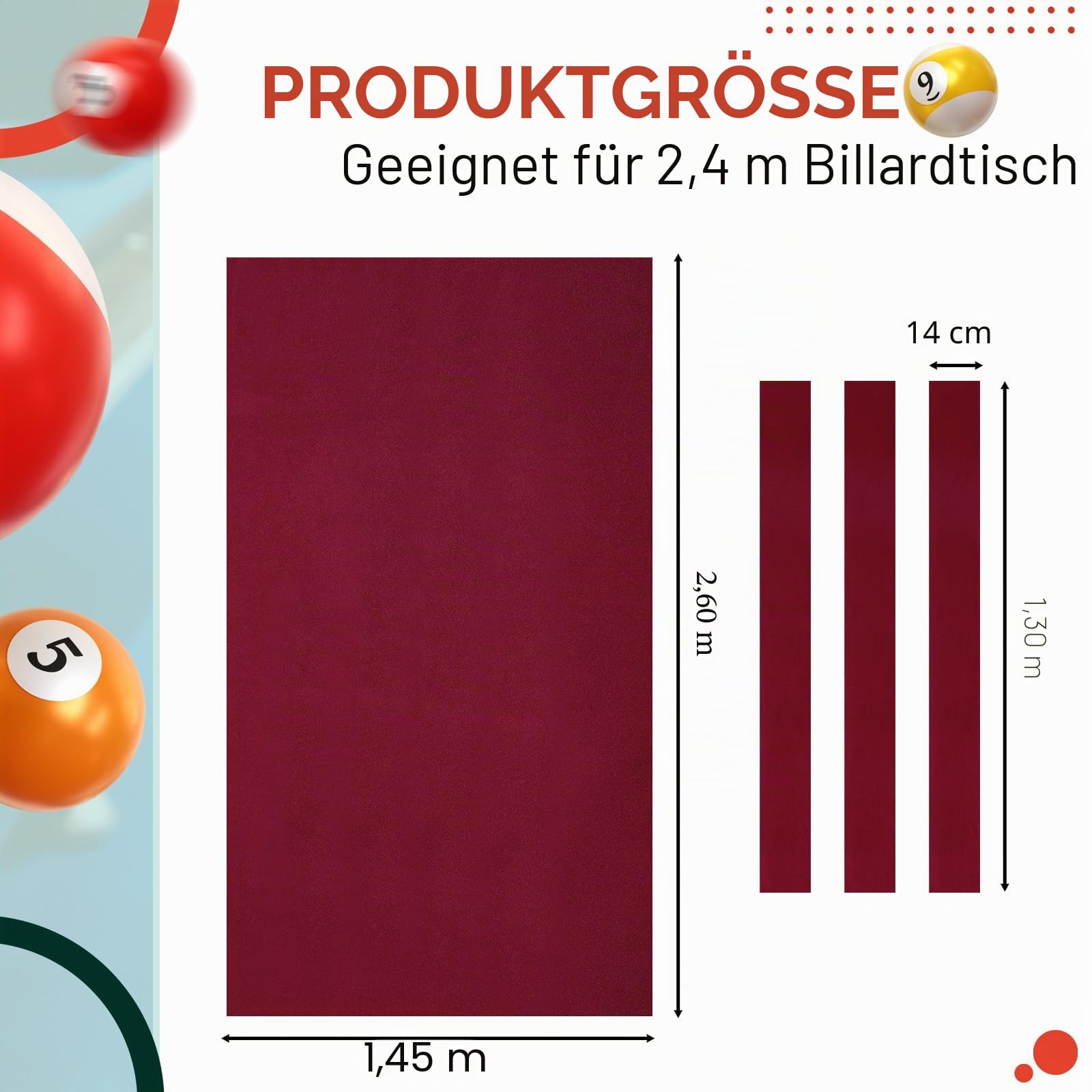 Mixweer Billardstoff, 2,6 m Filz für Billardtisch mit 6 Stoffstreifen, Vorgeschnittener Billardtisch für Zuhause Clubs Bars Indoor Sport Spiel