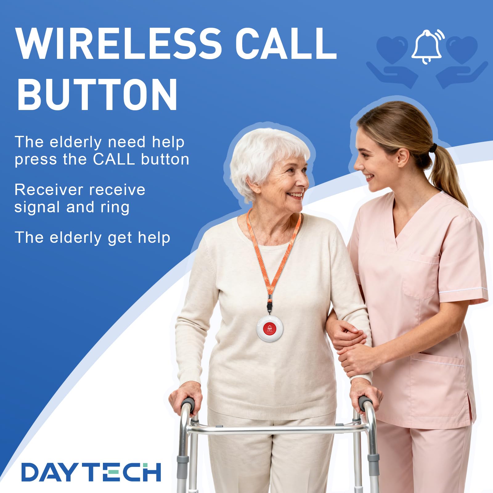 DAYTECH Allarmi personali wireless per anziani, pulsante di chiamata per anziani, allarme da polso, pulsante antipanico, campanello per pazienti disabili domestici, anziani, con 1 ricevitore plug-in