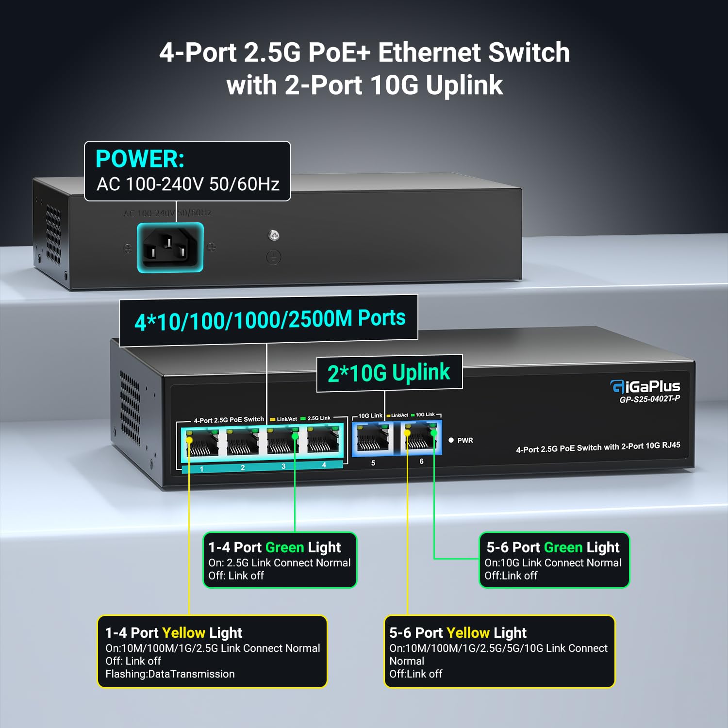 Switch Ethernet PoE Non administrable 6 Ports 10Gb avec 4 Ports PoE 2.5G Base-T et 2 Ports RJ45 10G. Capacité de Commutation de 60Gbit/s. Switch réseau GiGaPlus 10Gbit/s pour NAS/PC 2.5G/10Gbit/s