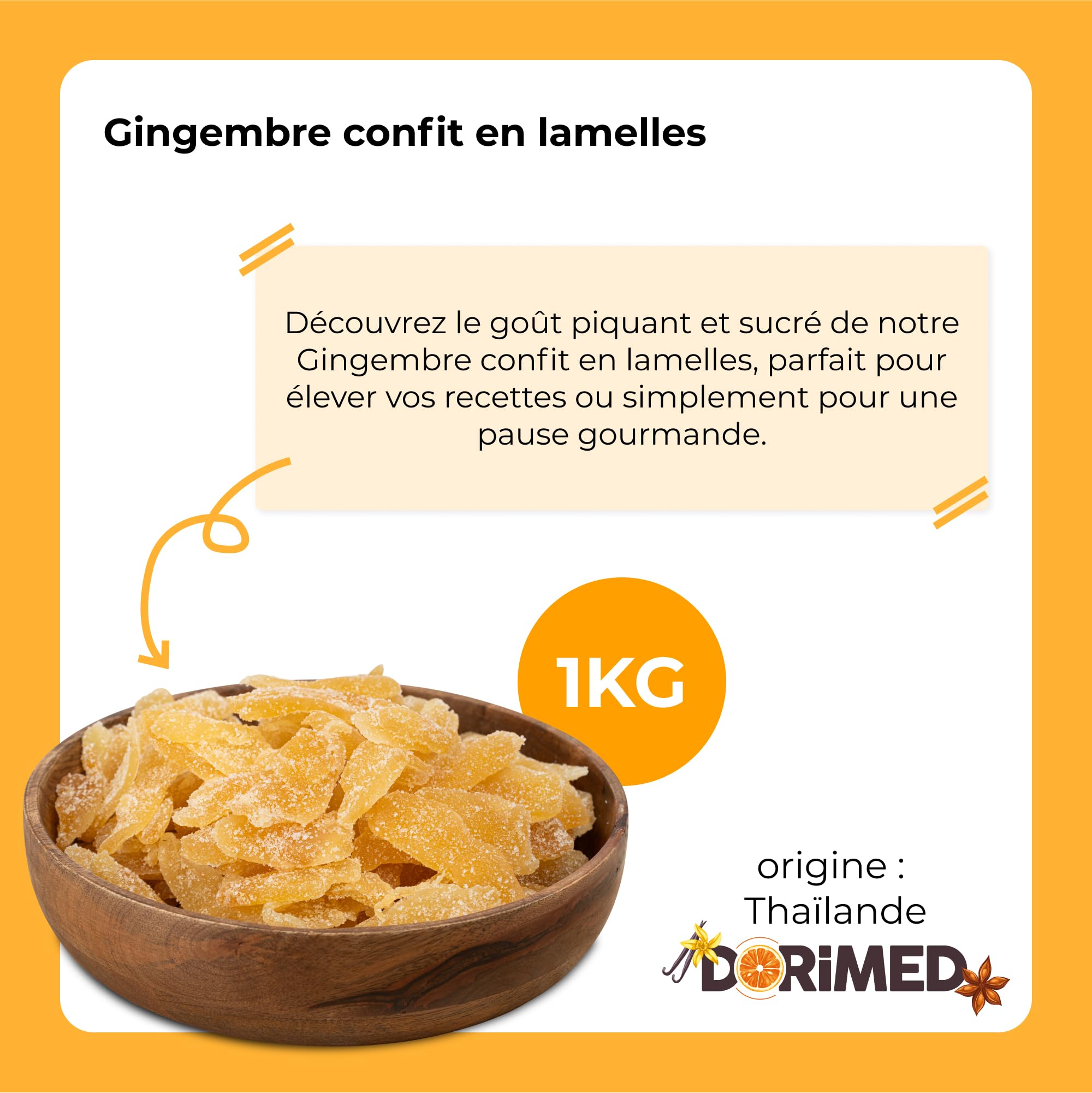 gingembre cristallisé 1 Kg | Gingembre confit en lamelles | Gingembre en Tranches de | Gingembres séchés sucrés | Collation sucrée | IDÉAL pour les recettes | Végétariens et végétaliens | Dorimed
