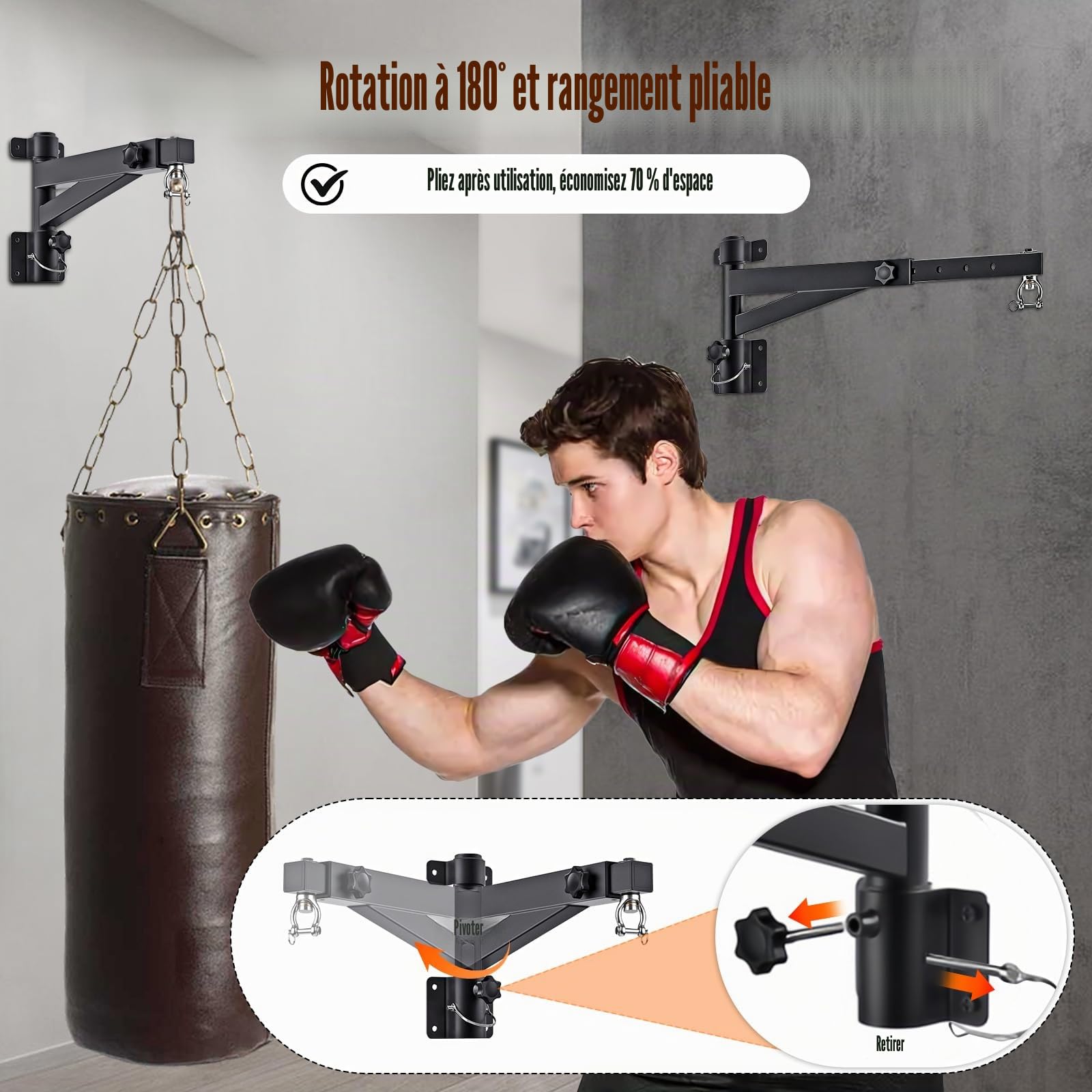 Support Sac de Frappe Adulte, Support Mural Sac de Boxe, Longueur Réglable (43-63cm), Rotation à 180° pour Pliable, Supporte 150kg Punching Ball, pour Salle de Sport à Domicile/Garage/Sous-sol