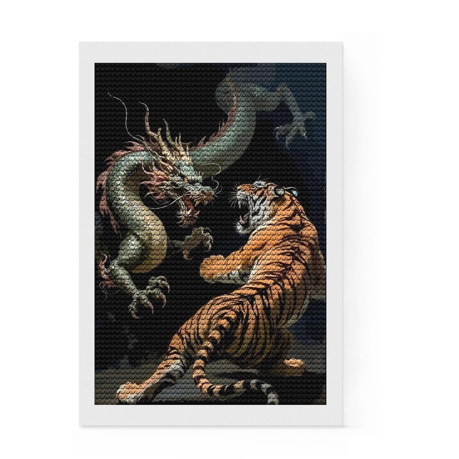 Junmoney Dragon and Tiger Confrontation Diamond Art Canvas 8"x12", Adhesive Canvas, Calming Craft to Unwind, Boho Decor, Birthday Gift, Easy to Enjoy