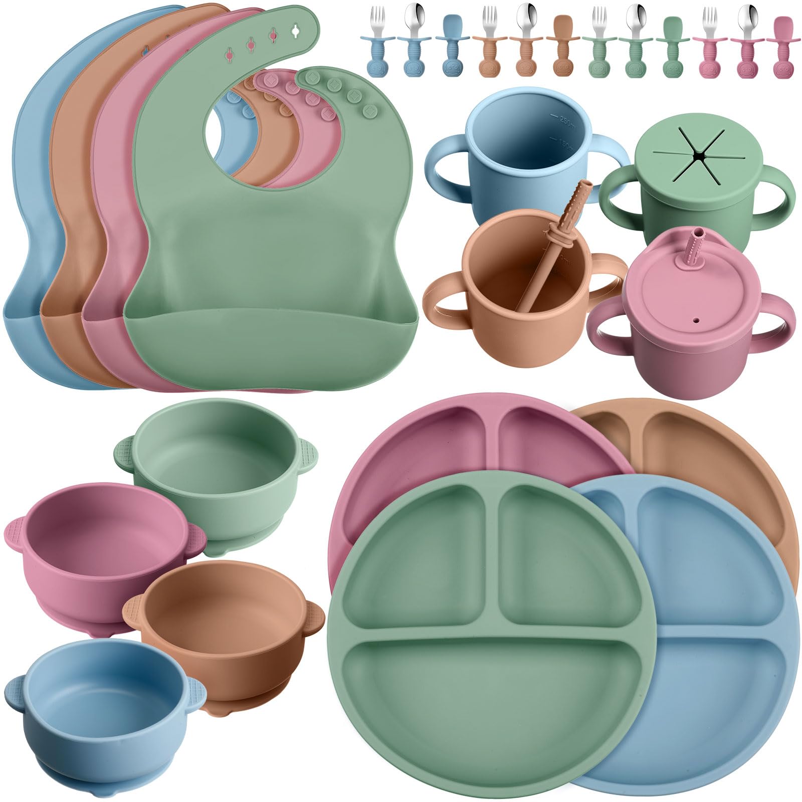 Yinder 32 Pack Silicone Baby Feeding Set Baby LED Weaning Supplies Includes Suction Divided Plates Soft Bowl Spoons Forks Adjustable Bib Snack Cup