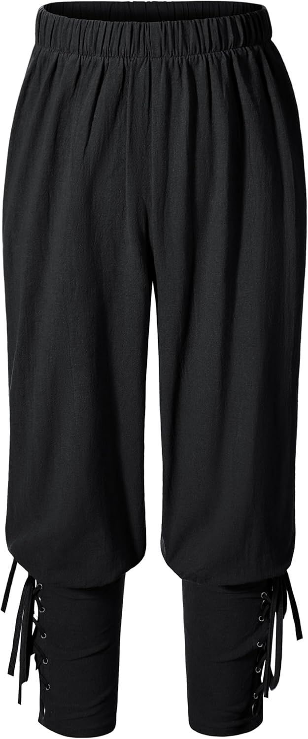 Kids Renaissance Ankle Banded Pirate Pants Medieval Viking Lace Up Tapered Trousers Halloween Costume 3-12 Years 10-12 Years Black