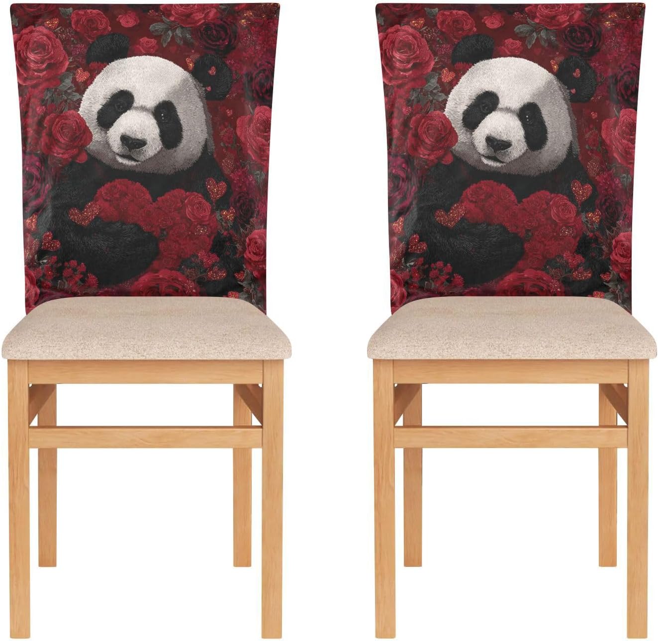 ALAZA Cute Panda Roses Hearts Chair Back Cover Set of 6, Washable Reusable Removable Chair Slipcovers Decorative Chair Cover for Home Kitchen Wedding Party