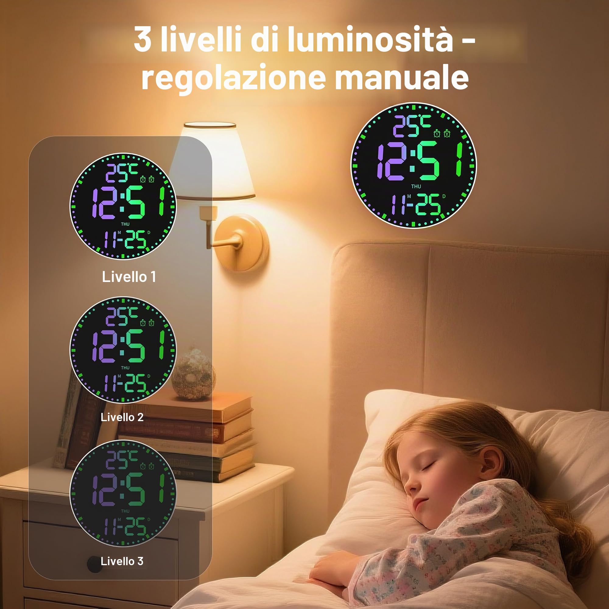 Grande Orologio Digitale da Parete Rotondi, Schermo LED da 30cm/11.6", 12 Colori RGB, Orologi da Parete Grandi Digitali con Telecomando, Orologi da Parete LED, Luminosità Automatica, Sveglia