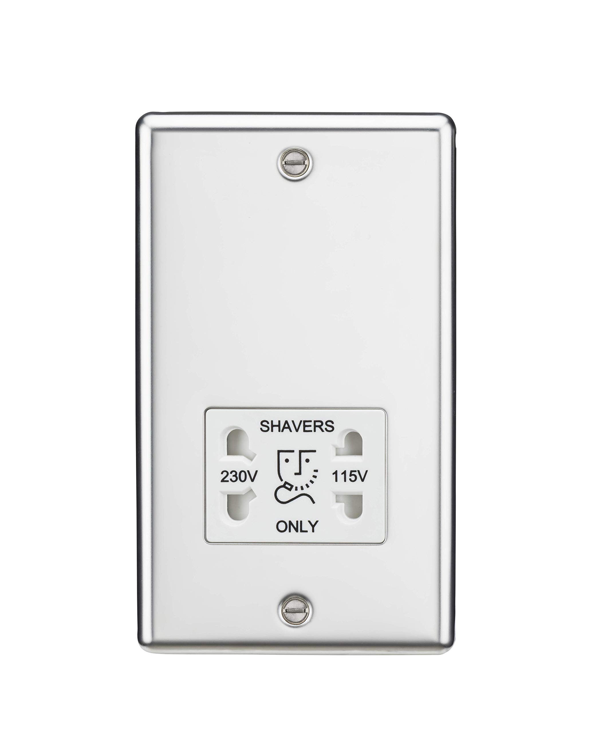 Knightsbridge Round Edge Dual Voltage Shaver Socket in Polished Chrome with White Insert