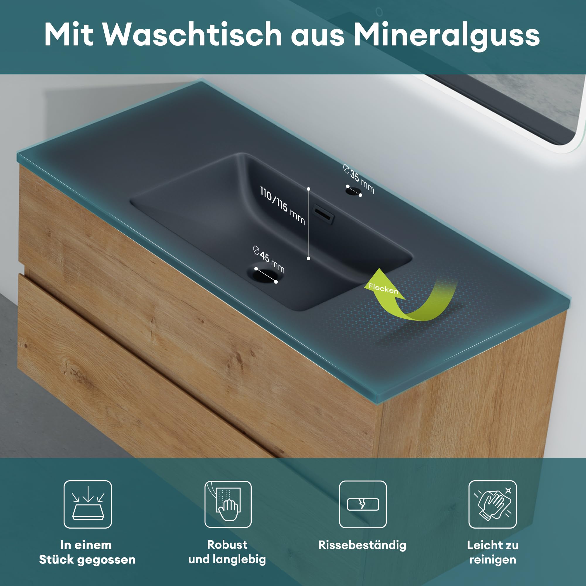 Mai & Mai Badmöbel-Set Waschtisch mit Unterschrank Mineralguss Waschbecken in Anthrazit Waschbeckenunterschrank 80x48x50cm Kerneiche 2-Schubladen Soft-Close Aqualis