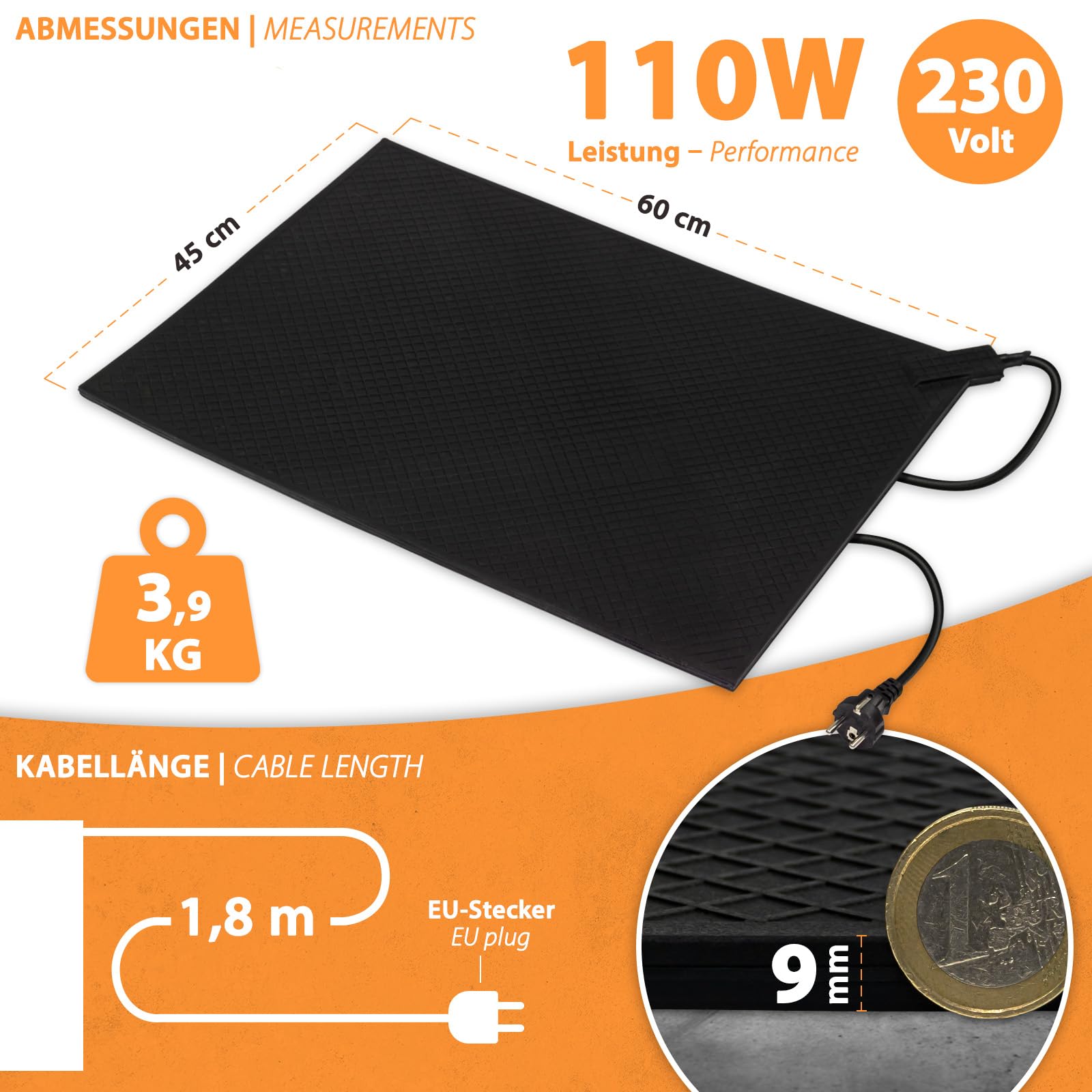 Mi-Heat Gumowa mata grzewcza 45 x 60 cm, 110 W – ciepłe stopy w chłodni, magazynie, na taśmie montażowej, stoisku sprzedażowym lub na zewnątrz