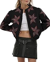 Gacaky Women's Lightweight Floral Embroidered Cropped Quilted Puffer Jacket - Warm Winter Coat with Pockets