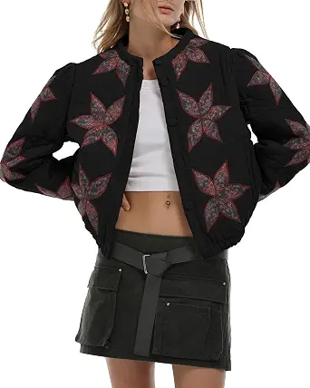 Women Lightweight Floral Embroidered Quilted Jacket Winter Coat