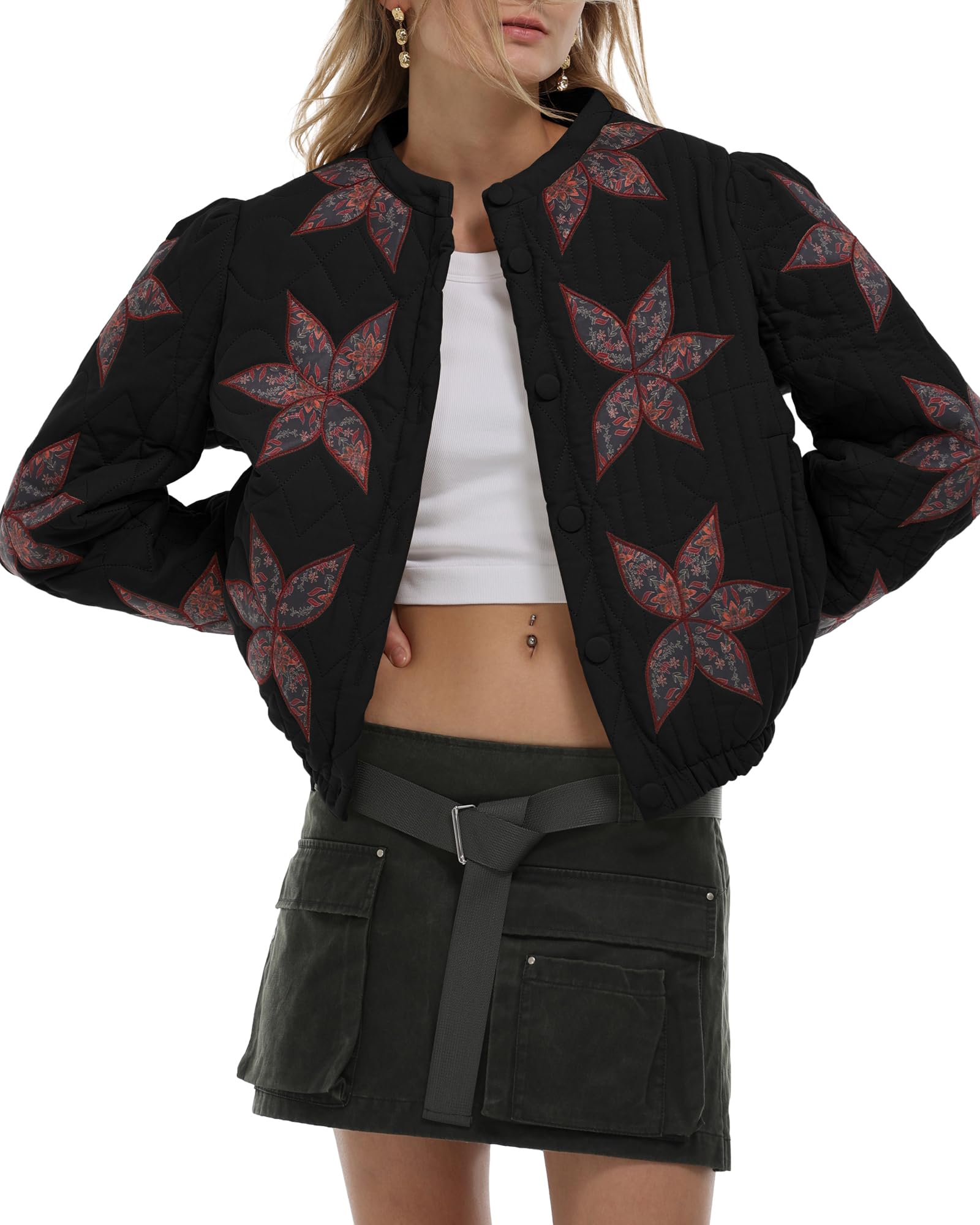 Gacaky Women's Lightweight Floral Embroidered Cropped Quilted Jacket Winter Warm Button Down Puffer Jacket Coat with Pockets