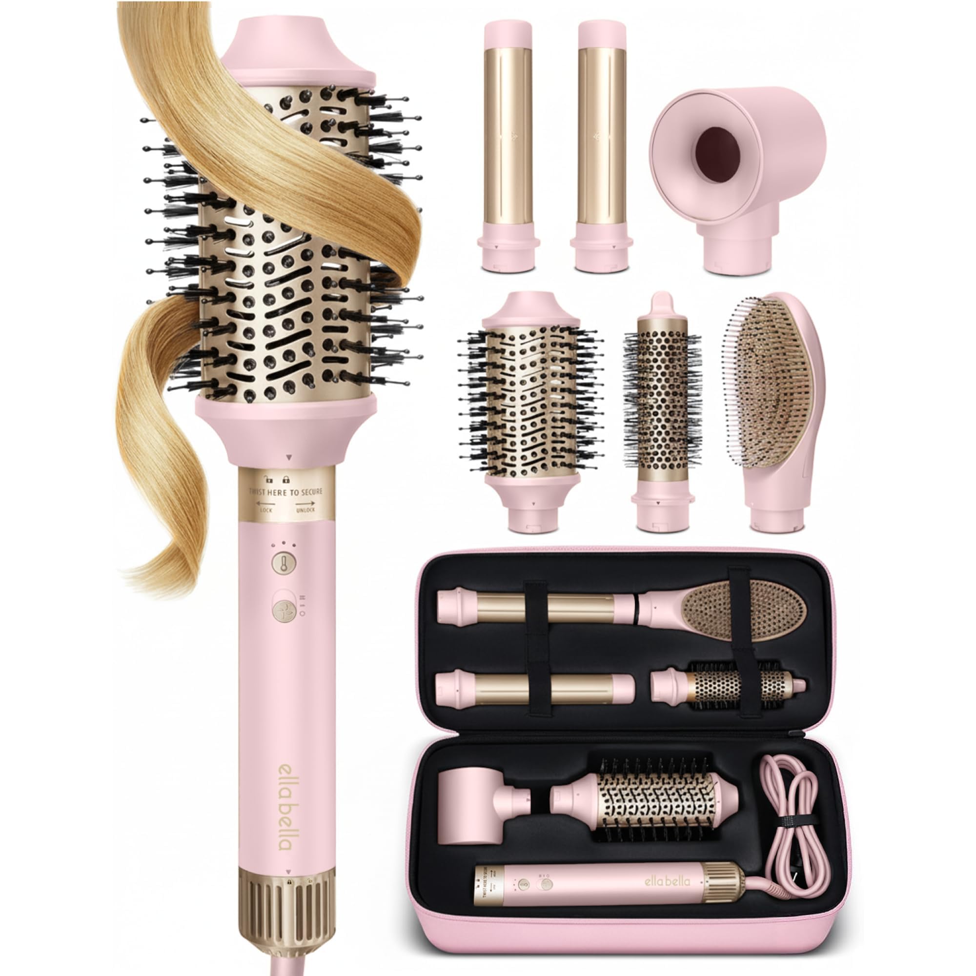 ELLA BELLA® 6 in 1 Professional Hot Air Styler • Powerful Hair Dryer & Straightener Set • Styling Without Heat Damage • Fast Drying Curling Volumizing Straightening • Protective Travel Case (Pink)