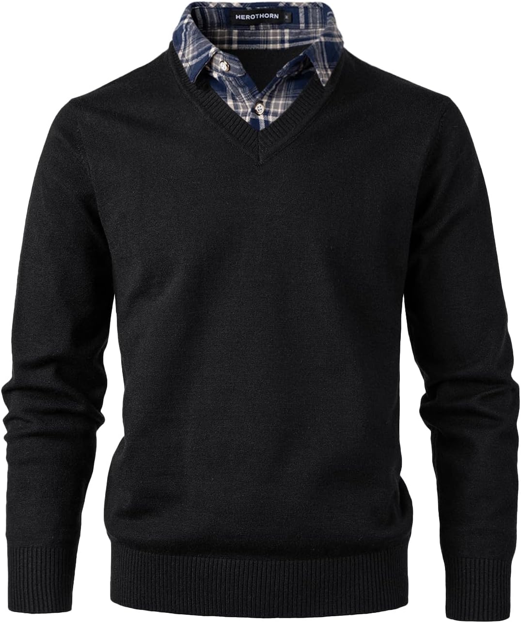 Herothorn Men's Knit Sweater Fashion Pullover Soft Touch V-Neck Sweatshirt Top with Plaid or White Mock Shirt Collar