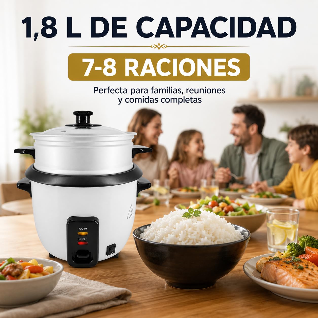 Arrocera Eléctrica 700W, Vaporera, Cuba Antiadherente, 7-8 Raciones (1,8L) | Función mantener caliente, tapa de vidrio, protección térmica y accesorios.