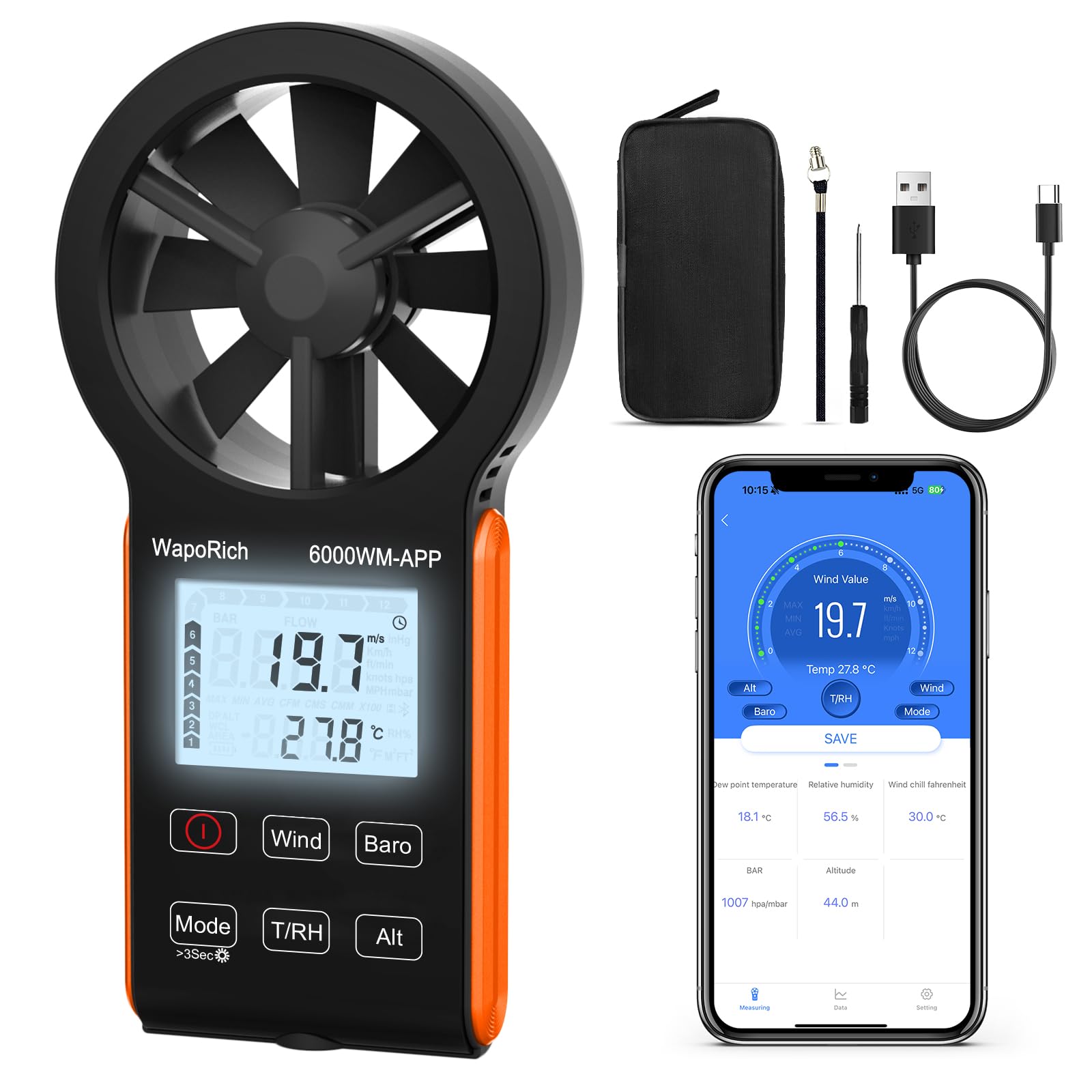 Bluetooth Anemometer, WapoRich 7-in-1 Windmesser Windmessgerät mit Luftdruck/Temperatur/Luftfeuchtigkeit/Taupunkt/Windchill/Höhenmesser App-kompatibel für HVAC, Drohnen, Segeln