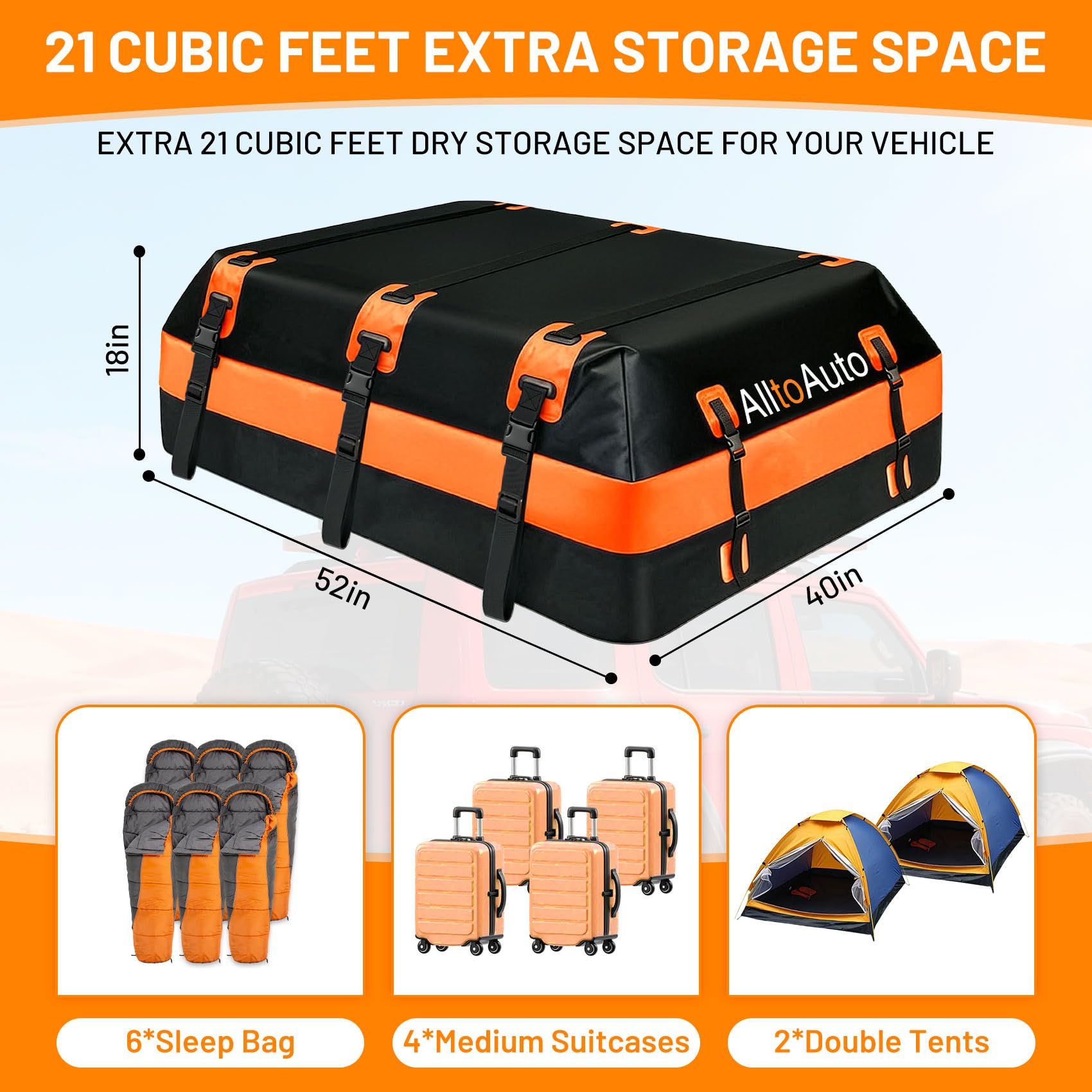 Portaequipajes para Techo de Coche, 21 pies cúbicos, Impermeable, para Todos los Coches con/sin Estante, Incluye Alfombrilla Antideslizante, 10 Correas reforzadas, 6 Ganchos de Puerta