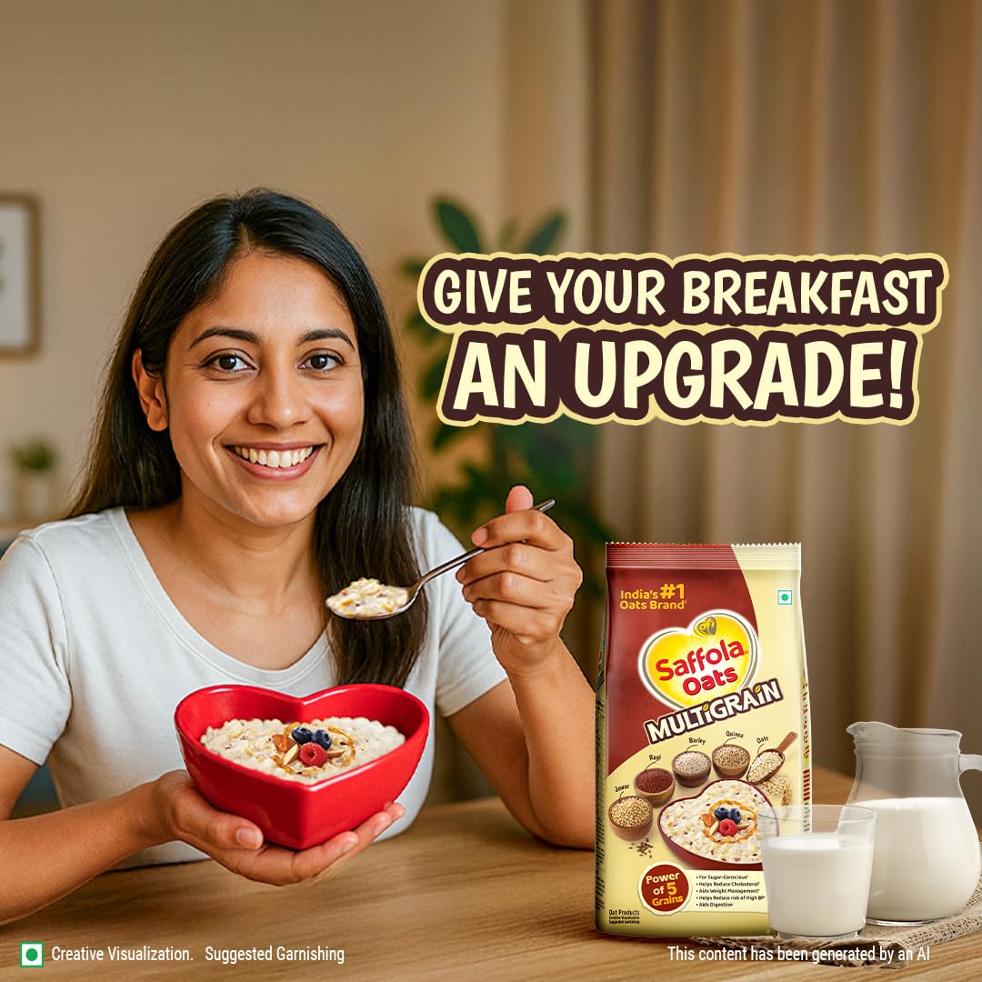 Saffola Oats Multigrain | 480g | 5 Super Grains-Rolled Oats, Ragi, Quinoa, Jowar, Barley | Helps Reduce Cholesterol, Helps Manages Weight, Reduce Risk of High BP, Aids Digestion - Image 8 thumbnail