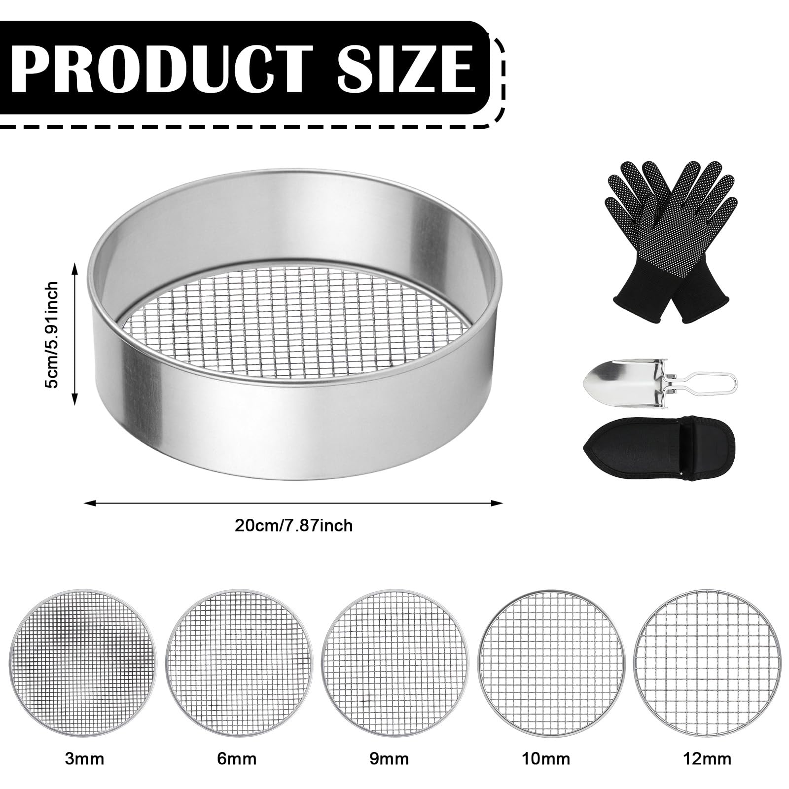 GOMETY Colino da giardino in acciaio inox 5 in 1, colino per compost rotondo, 20 cm, con 5 inserti intercambiabili Ø 3/6/9/10/12 mm, filtro per terra per compost di terra, con paletta da giardino e