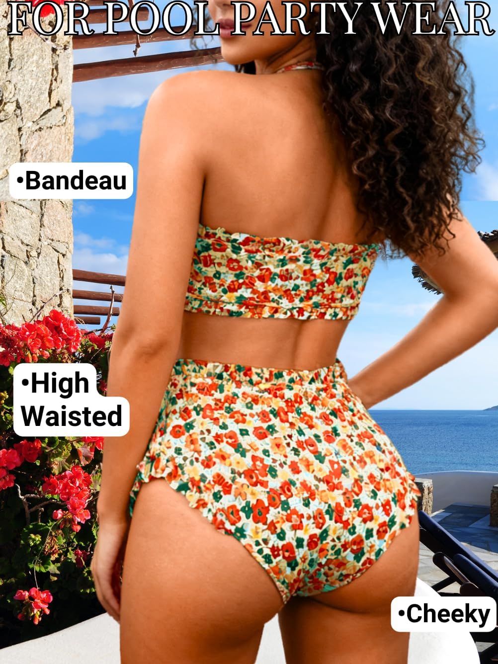 Boho Bandeau Bikini Sets,Floral Ruffle High Waisted Bikinis for Women,2 Piece Swimsuits Beach Pool Party - Image 5