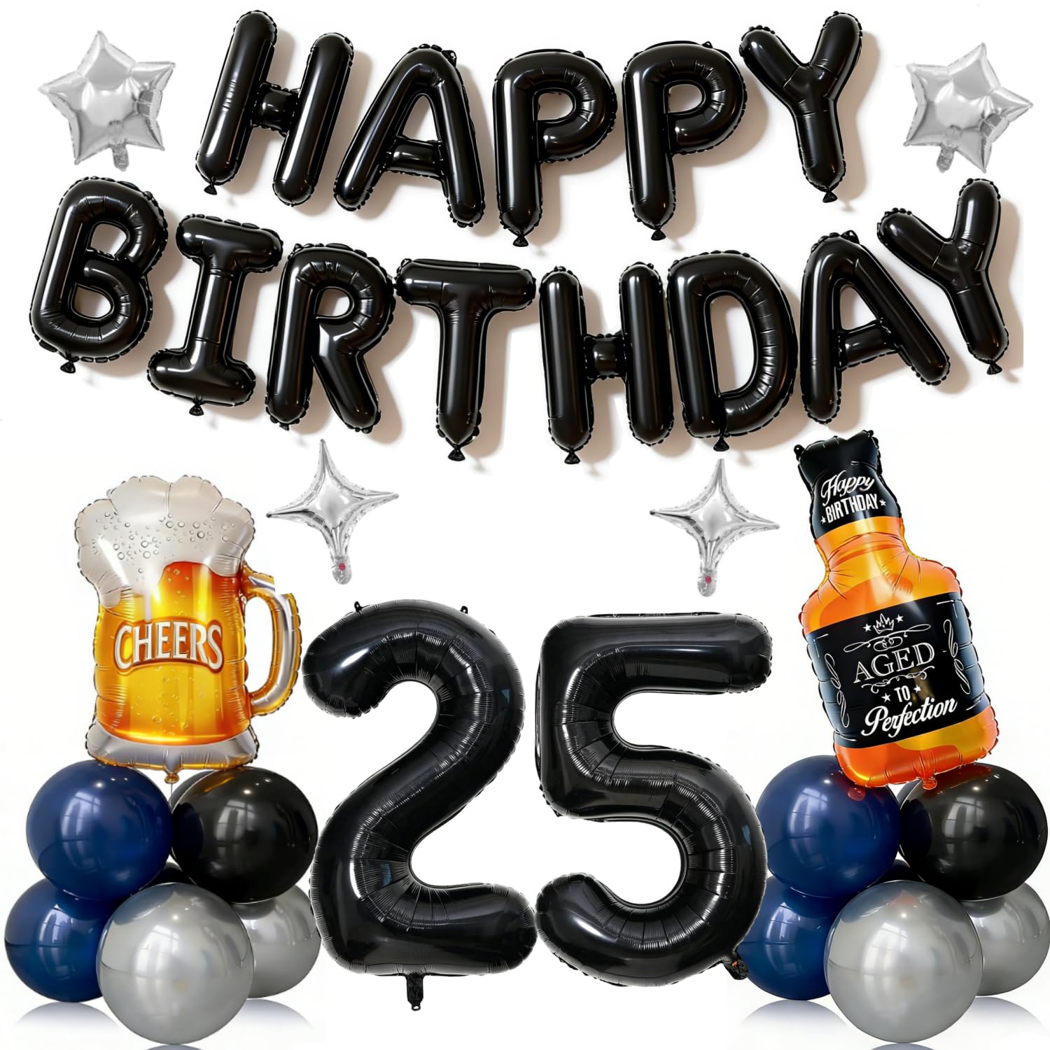 25th Birthday Decorations for Men 41pcs with Number 25 Foil Balloon Black and Blue Balloons Whiskey Beer Kit for Party Supplies