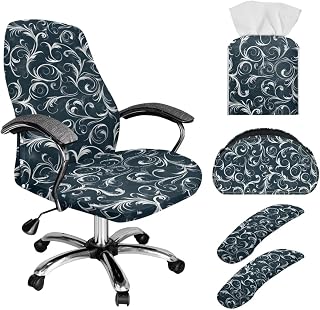Xoenoiee Abtract Floral Office Chair Cover Stretchable Computer Chair Slipovers with Armrest Covers + Tissue Box Holder + 5-Compartment Remote Control Holder, Small