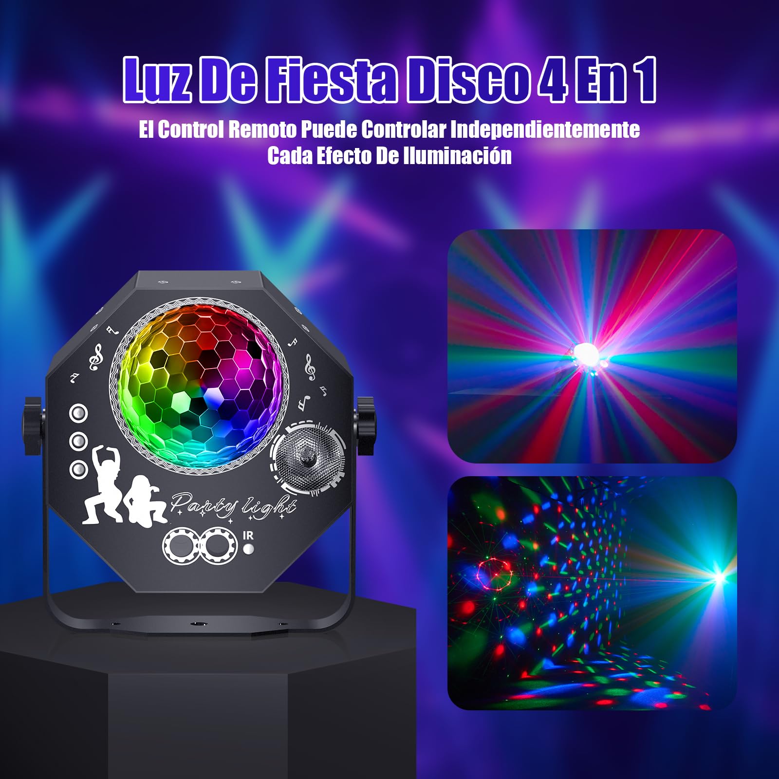 4 en 1 Luces Discoteca, Bola Luces Discoteca, LED RGB Luz Discoteca con Musik Sonido Activado, Luces DJ con Mando a Distancia para Fiestas Domésticas, Clubes, Halloween, Navidad