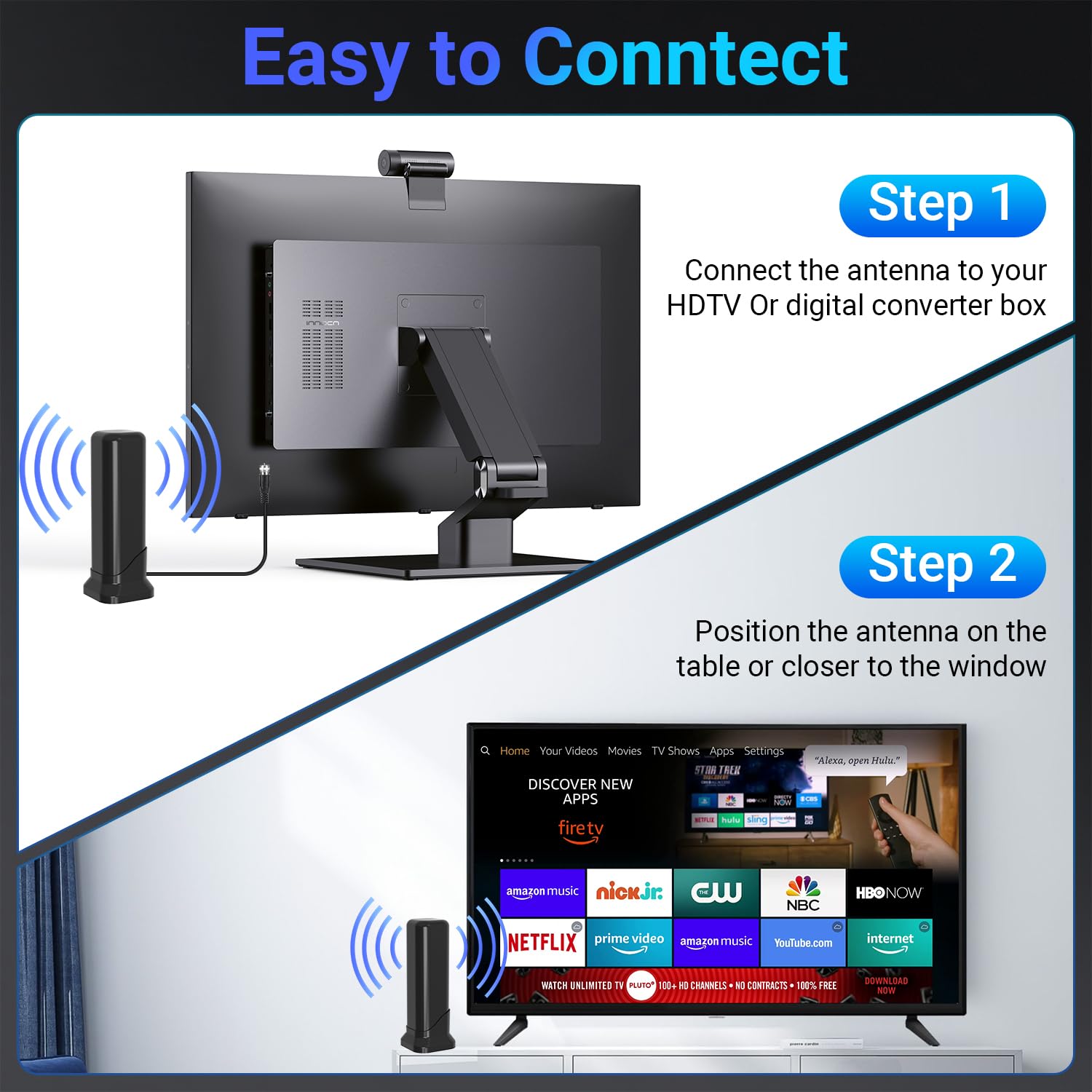 Antena de TV interior para Smart TV, antena digital HD 2025 para canales locales con recepción de largo alcance de 360° y base magnética fuerte, soporta 4K 1080p VHF UHF, fácil configuración y cable