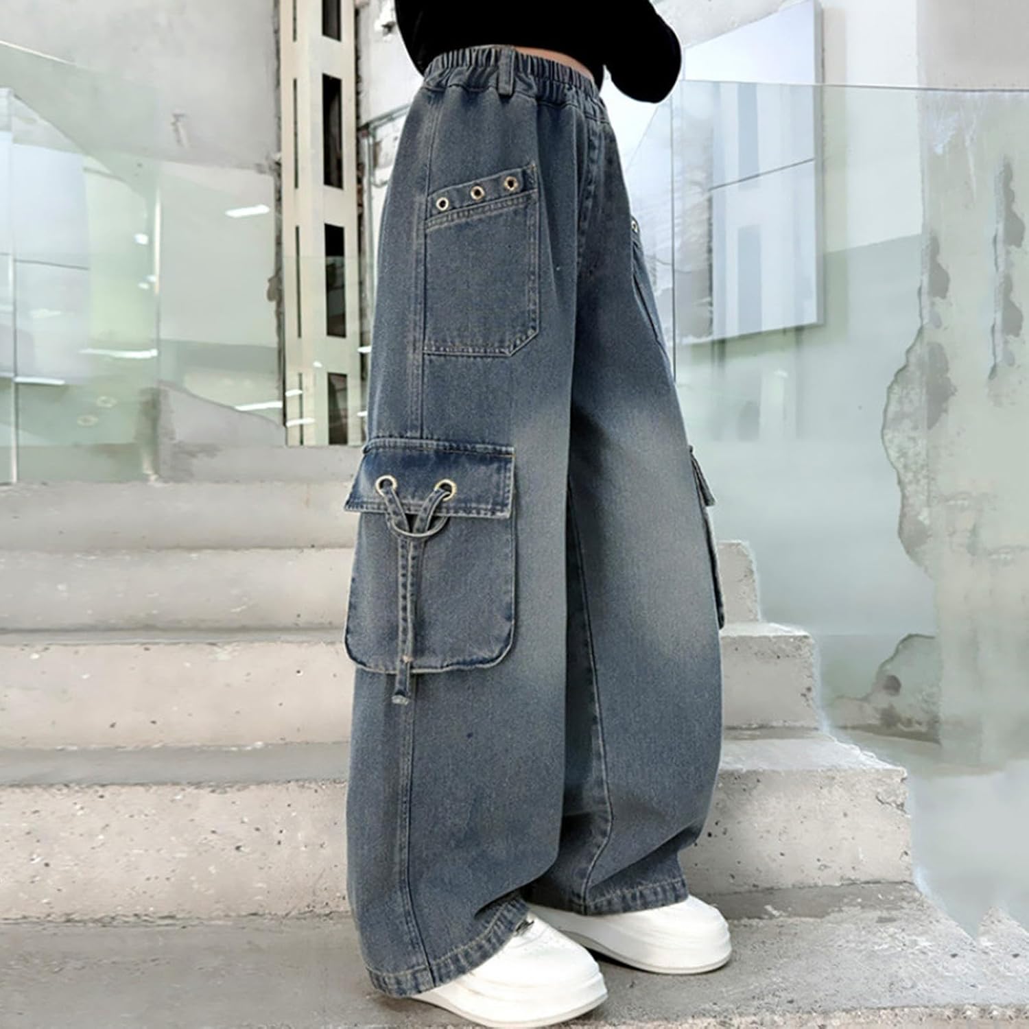 Girls Cargo Pants Baggy Wide Leg Elastic Waist Trendy Y2k Distressed Denim Pants Teen Loose Streetwear Long Trousers
