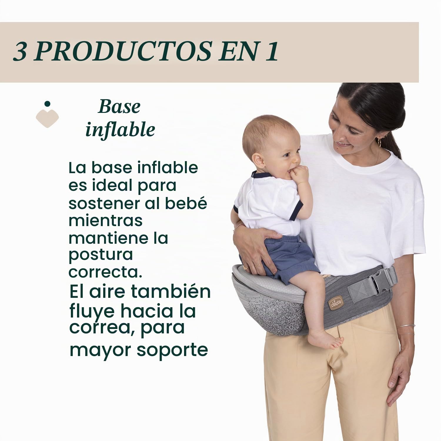 Chicco Airy Hip Fit Mochila Ergonómica 3-en-1,Tejido Transpirable, Soporte Base Extraíble para Distribución del Peso, Múltiples Posiciones: Frente a la Madre, Frente al Mundo y Mochila, 0-15 kg