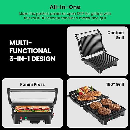 Miniatura 4 de Chefman Panini - Parrilla de prensa y sandwichera gourmet con revestimiento antiadherente, se abre 180 grados para adaptarse a cualquier tipo y