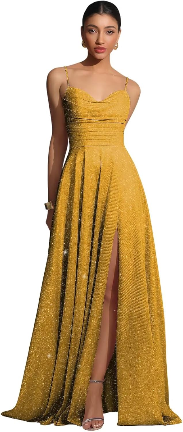Sparkly Prom Dresses 2026 Spaghetti Straps Glitter Pleated Slit Formal Evening Dresses for Women