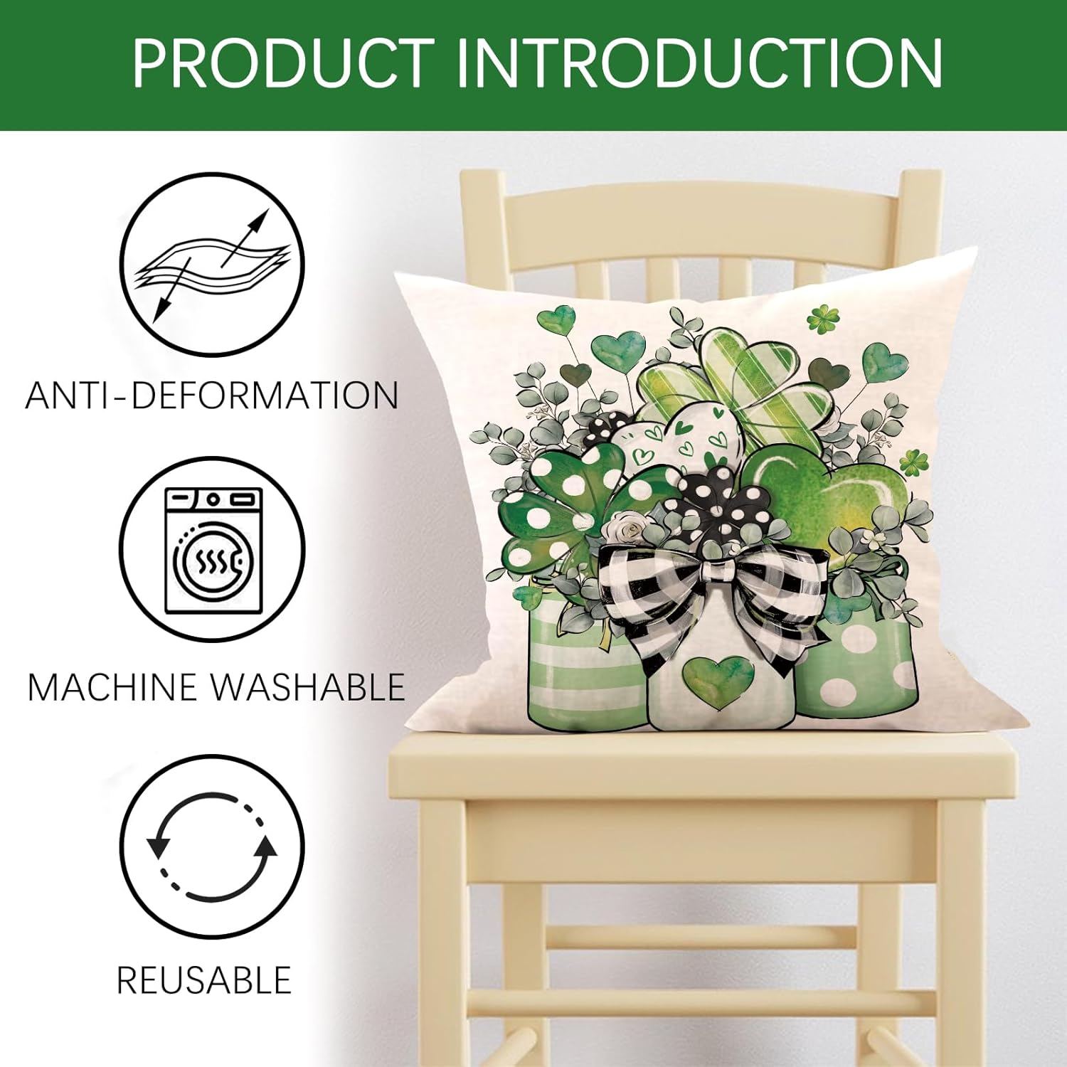 St Patricks Day Decorative Throw Pillow Covers 18 x 18 Set of 4, Lucky Shamrock Clover Truck Mason Jar Porch Outdoor Home Decor, Buffalo Plaid Stripes Heart Irish Spring Sofa Couch Cushion Case - Image 3