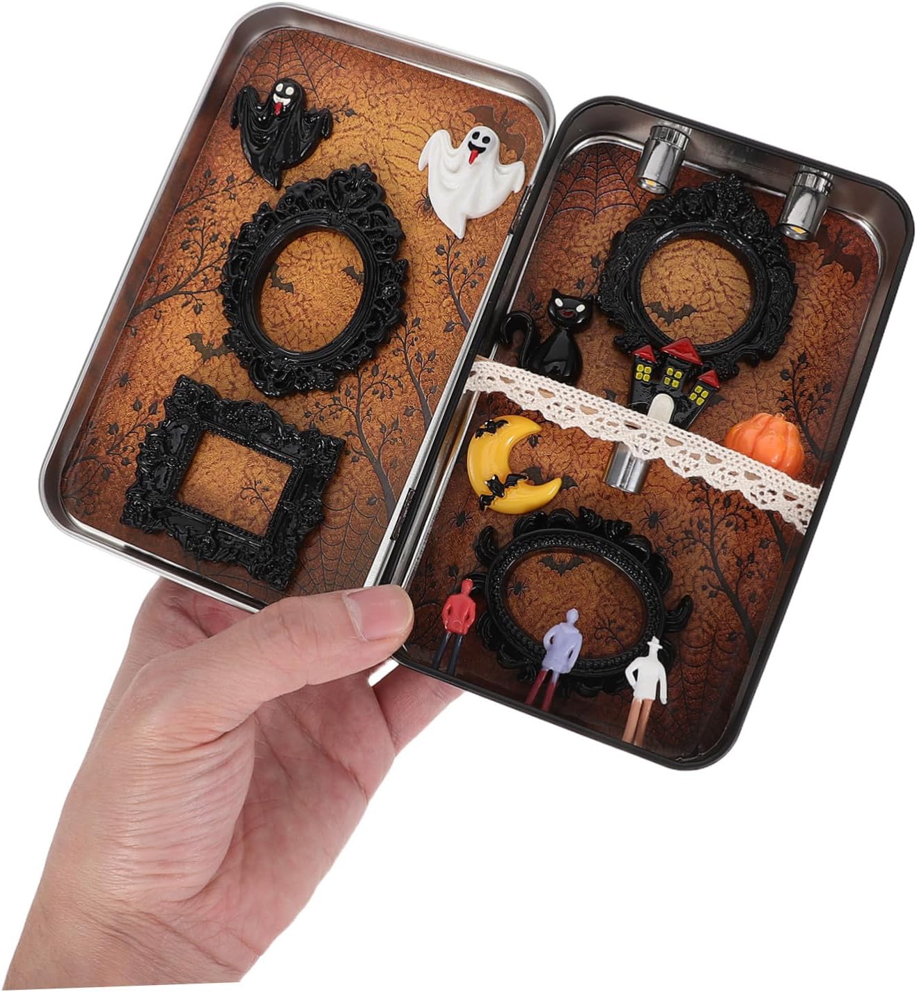 Vaguelly Halloween Shadow Box Ornament Frame with Vintage Resin Design Miniature Haunted House Scene in Retro Iron Tin Box with LED Lamp Multifunctional Tabletop Holiday Decor And
