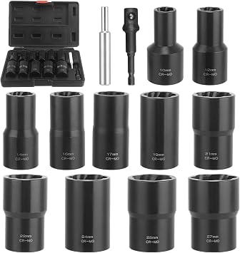 13-Piece Socket Set 10-27 mm Hexagonal Drill Bit Socket Adapter 1/2 Inch Screwdriver Set for Removing Damaged Rusted Rounded Screws Nuts and Bolts