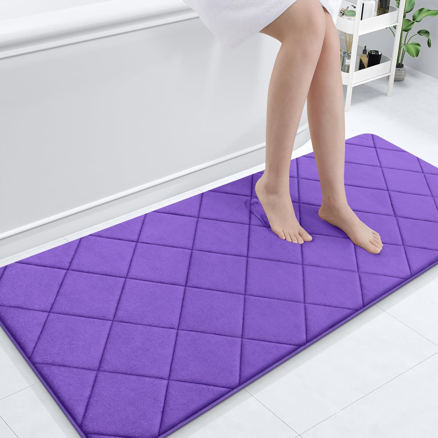 OLANLY Memory Foam Bath Mat 70x24, Ultra Soft and Absorbent Bathroom Rugs, Machine Washable, Comfortable Bath Carpet for Bathroom Floor, Tub and Shower, Purple