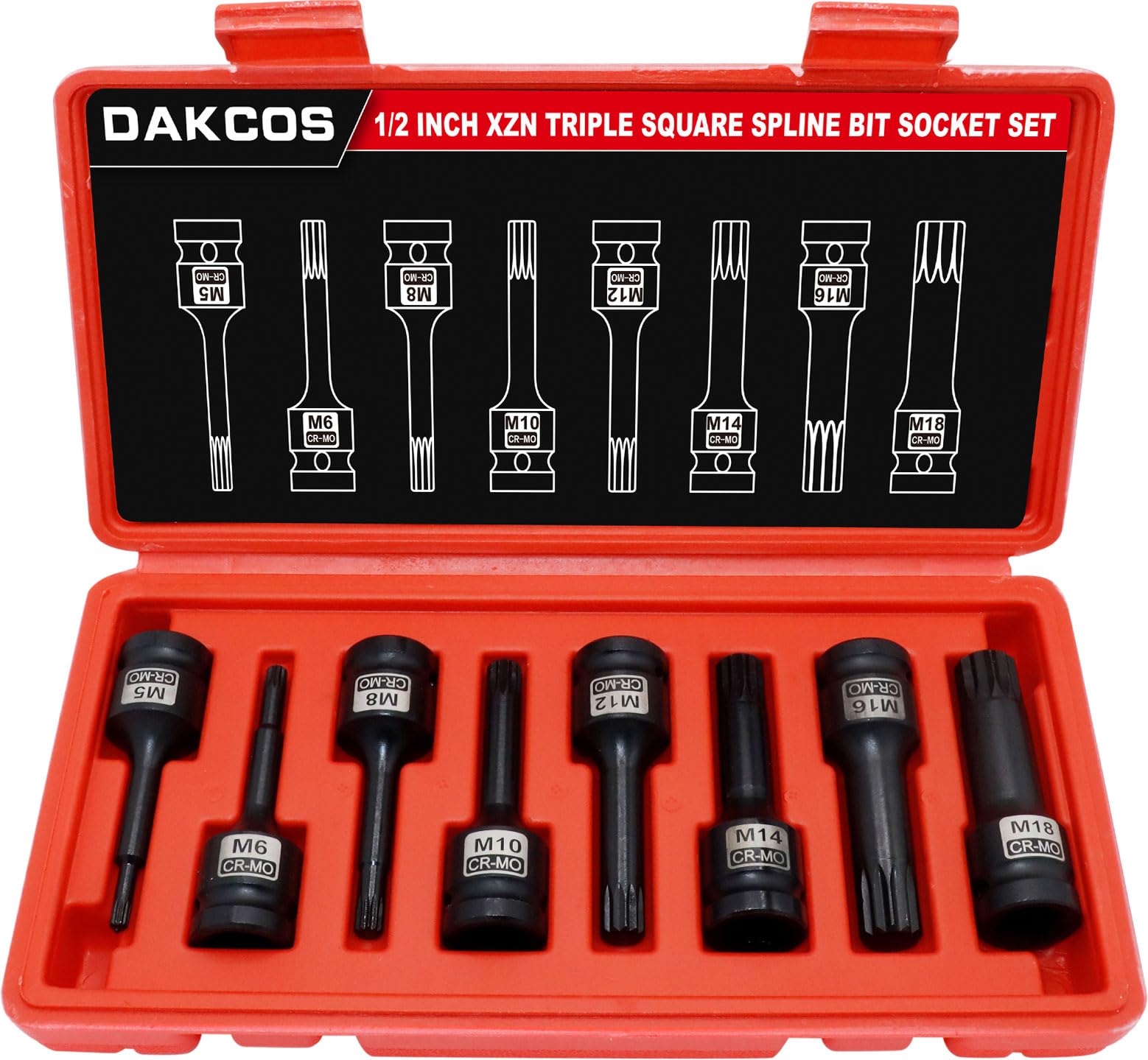 DAKCOS 1/2" Impact Bit Socket Set, 8 Pieces XZN Triple Square Spline Bit Socket Set,M5-M18, Cr-Mo and S2 Alloy Steel