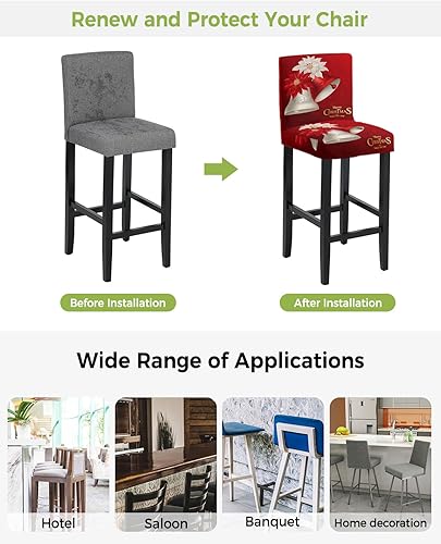 Miniatura 3 de Juego de 2 fundas elásticas para taburetes de bar con diseño de flor de pascua de Navidad, color rojo y blanco, extraíble y lavable, para cocina,