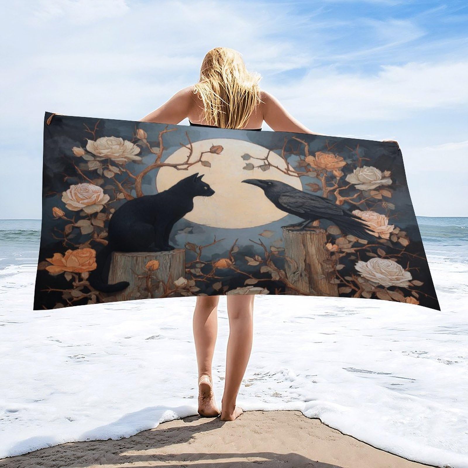 Luyysky Fantasy Abstract Black Cat Quick-Drying Beach Towel, Gothic Realistic Halloween Full Moon Animal Raven Rose Flowers Travel Vacation Single Sided Pile Bathroom Towels-80 W Cm X 160" L Cm