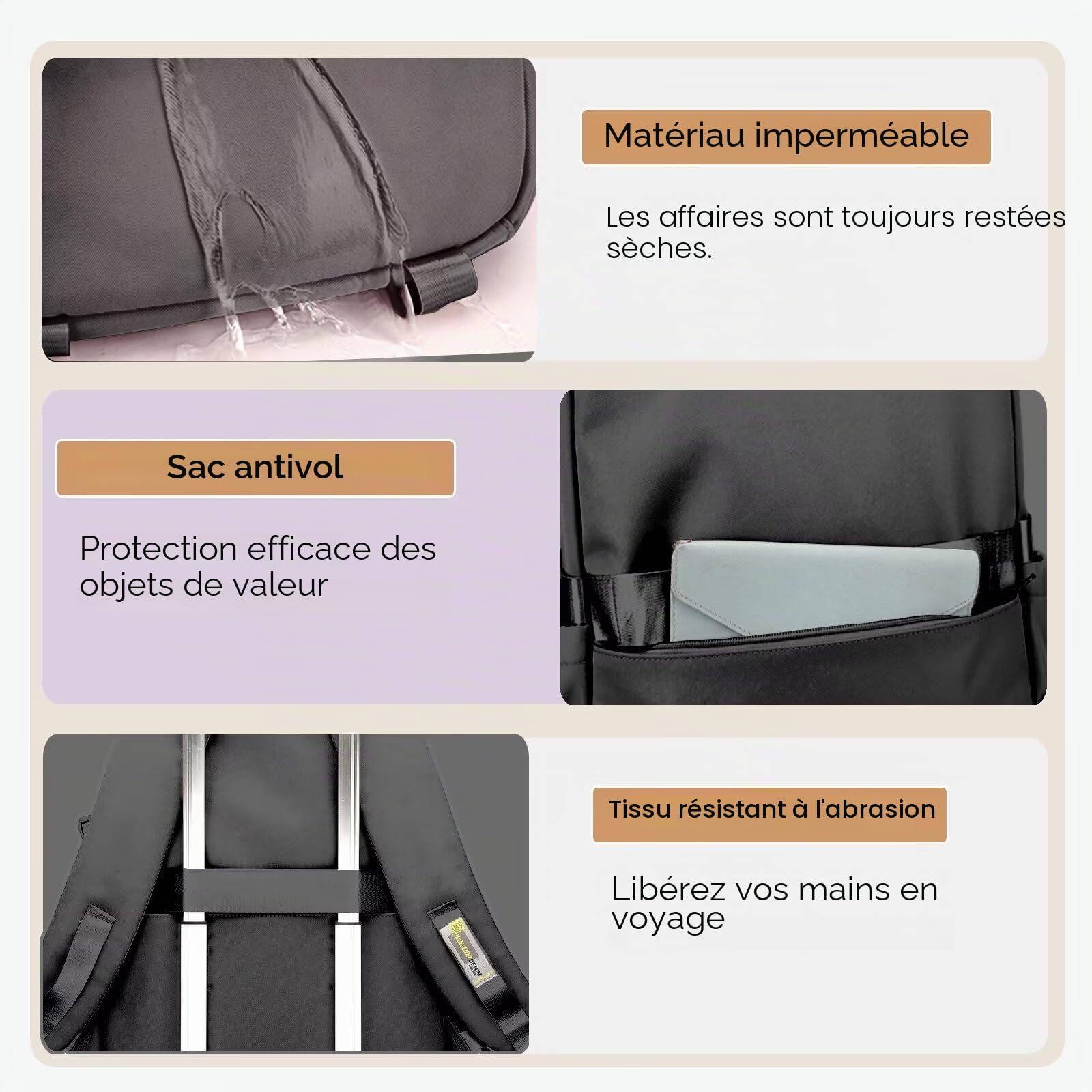Sac a dos College Fille avec Pendentif Imperméable Nylon,Noir