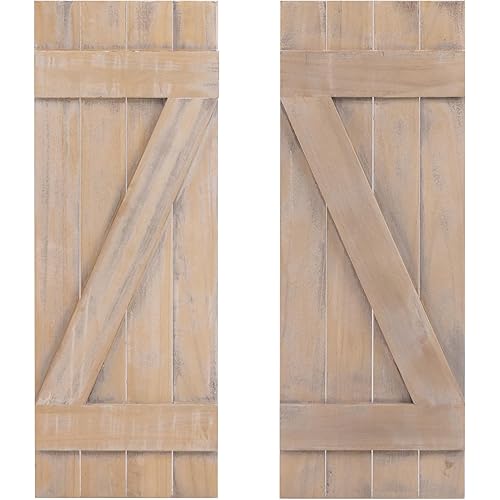 GOFLAME Wood Shutters for Wall Decor, Reclaimed Wood Board and Batten with Z-Shaped Bar, Exterior & Interior Rustic Farmhouse Window Shutters for Living Room, Dining Room, Porch, Light Brown