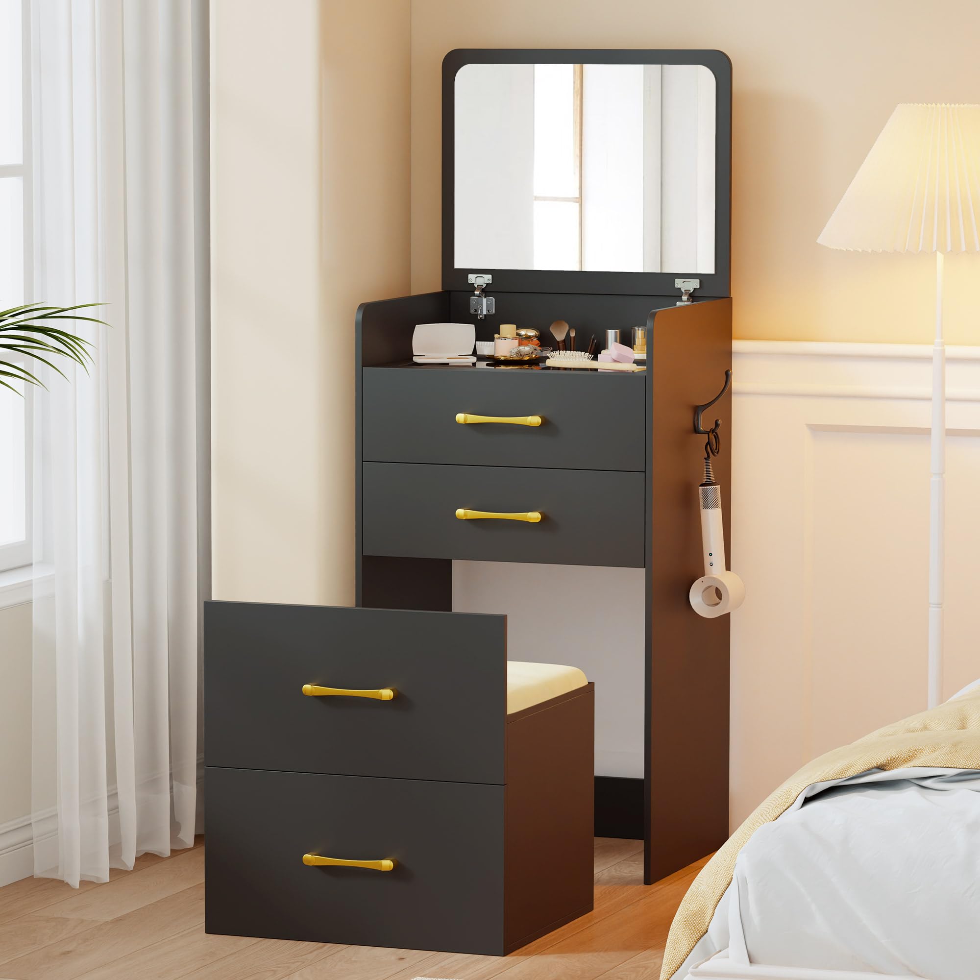 Small Dressing Table With Mirror And Stool, 3 in 1 Vanity Desk with Flip Up Mirror, Modern Glass Top Compact Makeup Table Set with 3 Drawers for Girl Bedroom (Black)