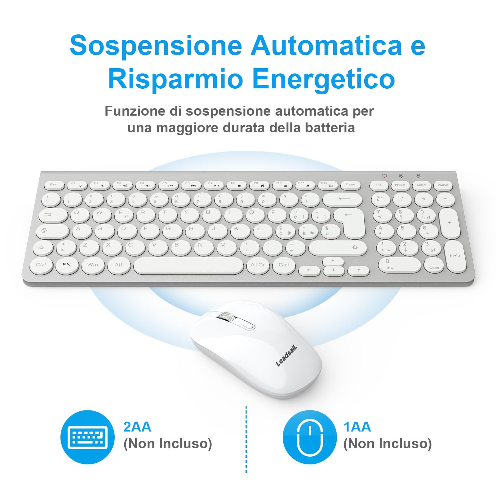 LeadsaiL Tastiera e Mouse Wireless, Ergonomica Kit Mouse e Tastiera USB Senza Fili, Silenziosa, Tastierino Numerico, 1600DPI, Layout QWERTY per Computer, Desktop-Argento