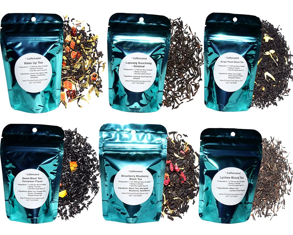 6 Black Tea Samplers, Caffeinated, Sweet Black Tea (No Sugar Added), Dragon Pearls Tea, Golden Monkey Tea, Ginger Peach Tea, Strawberry Blueberry Tea, Assam Tea, Loose Leaf Tea