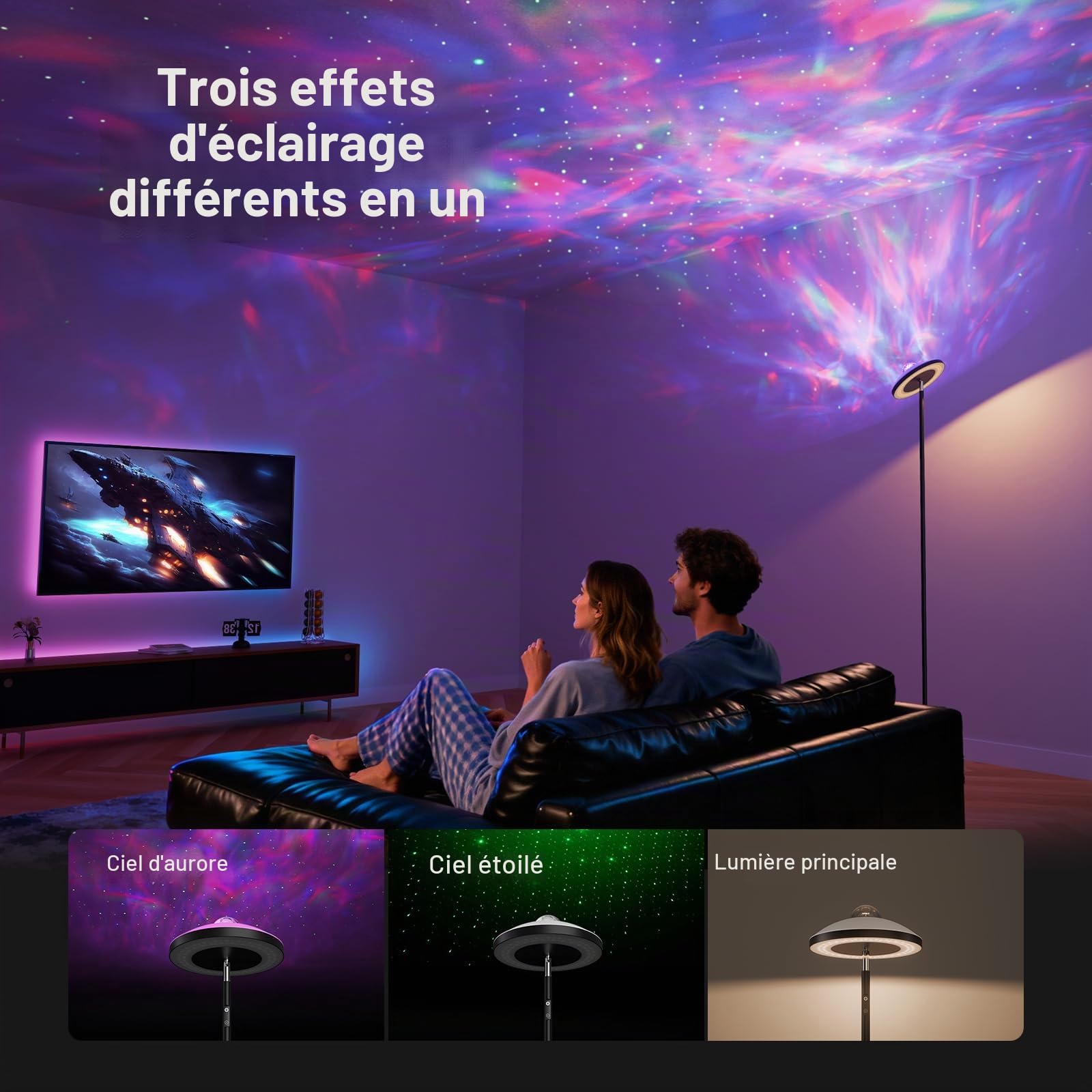 DUSKTEC Lampadaire 3-en-1 avec projecteur Galaxy Star et Aurore Boréale RGB