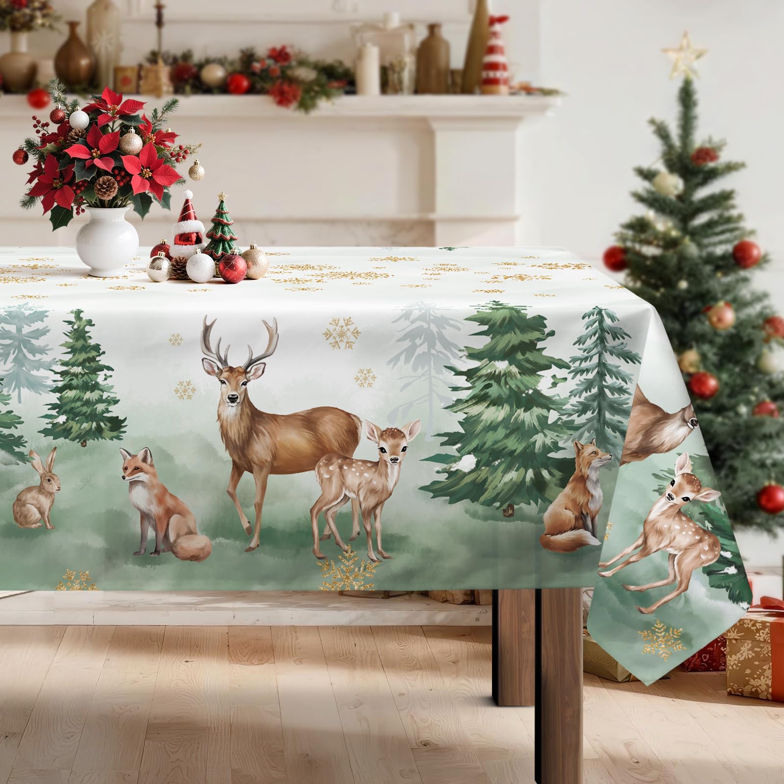 Arquiel Winter Woodland Reindeer Tablecloth Waterproof, Forest Tree Stag Table Cloth Rectangle, Washable Table Cover for Christmas Party Home Kitchen Decoration (60×104 Inch)