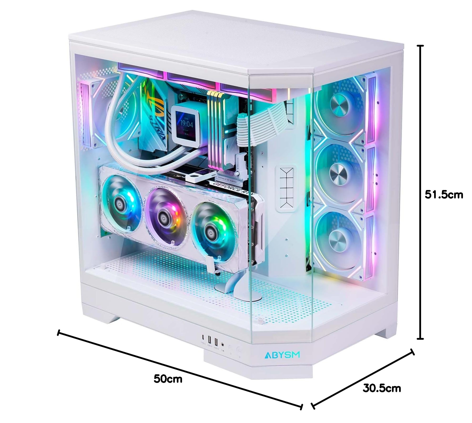 ABYSM Gaming Case PC Gamer Danube SAVA H600 White E-ATX con 3 pannelli in vetro temperato, 4 ventole ARGB da 120 mm, controller, supporto per GPU e cavo riser PCIe 4.0 16x